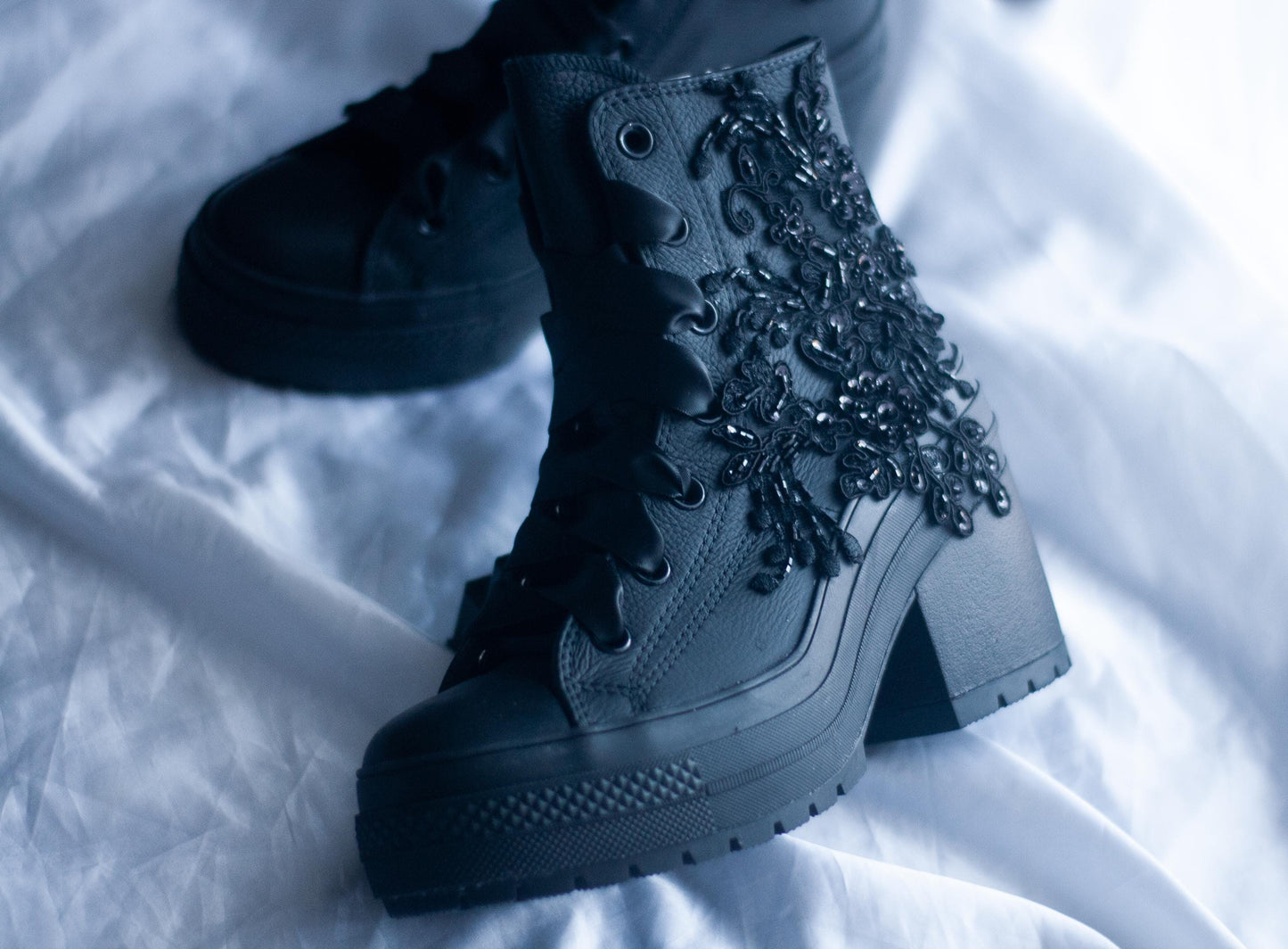 Bespoke Black Lace Embroidered Converse Heels