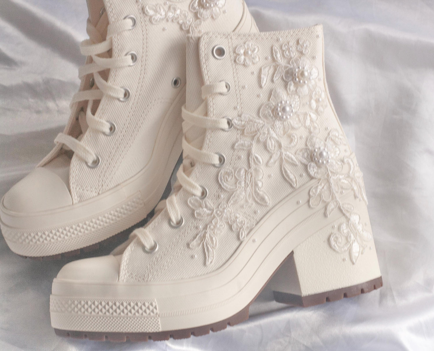 Bespoke White Lace Embroidered Bridal Converse Heels