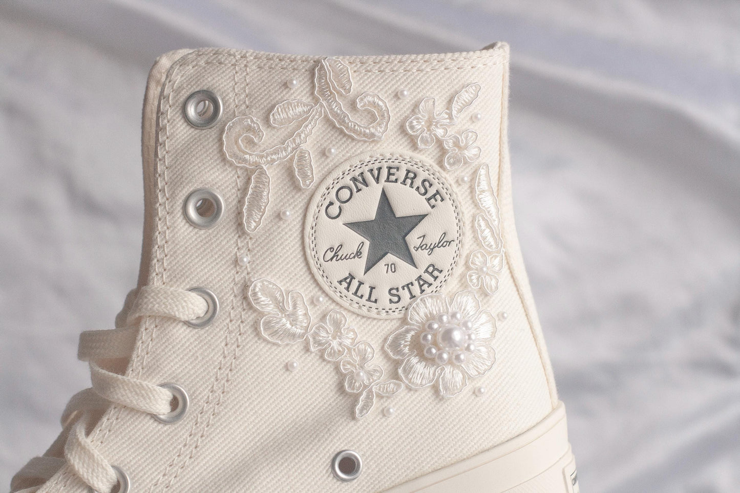 Bespoke White Lace Embroidered Bridal Converse Heels