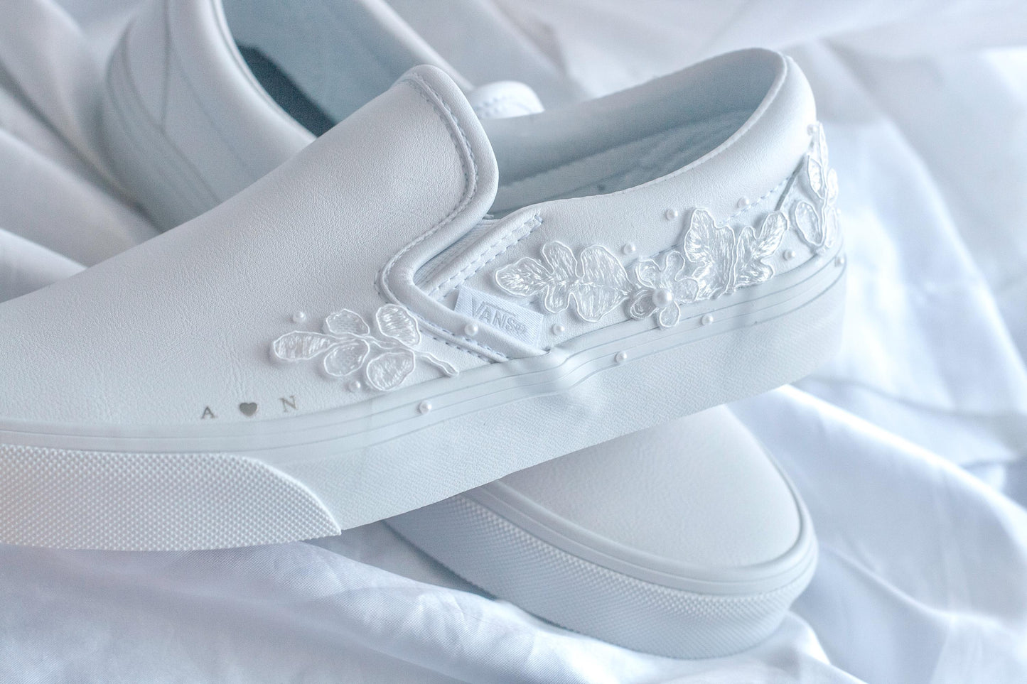Bespoke Floral & Pearl Leather Slip on Vans