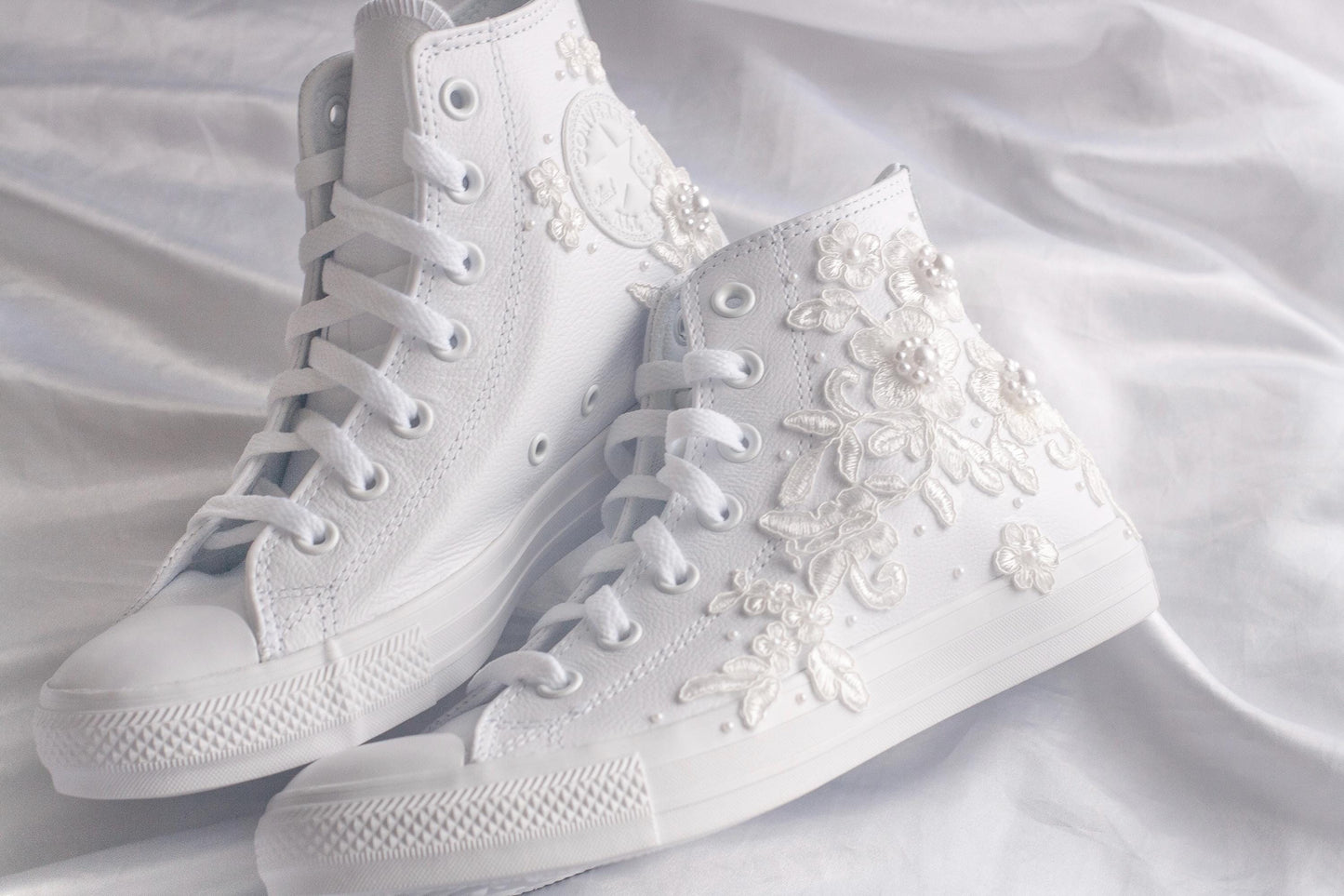 Bespoke White Lace Luxury Embroidered Bridal Leather Converse