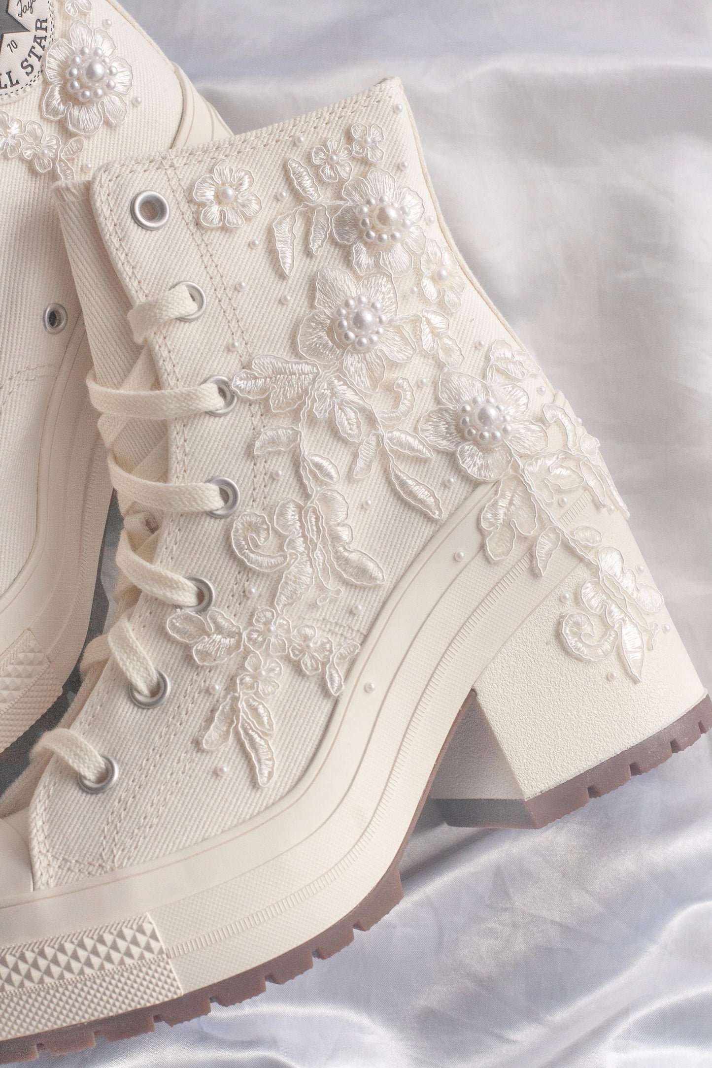 Bespoke White Lace Embroidered Bridal Converse Heels