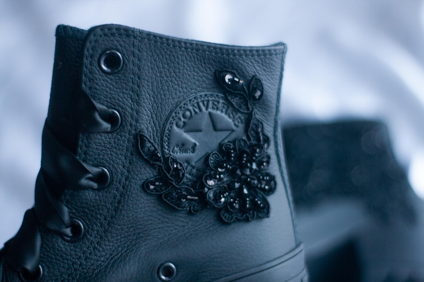 Bespoke Black Lace Embroidered Converse Heels