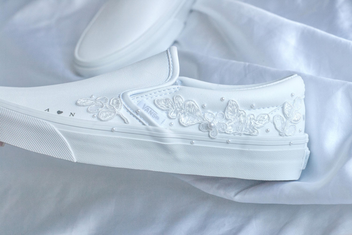 Bespoke Floral & Pearl Leather Slip on Vans