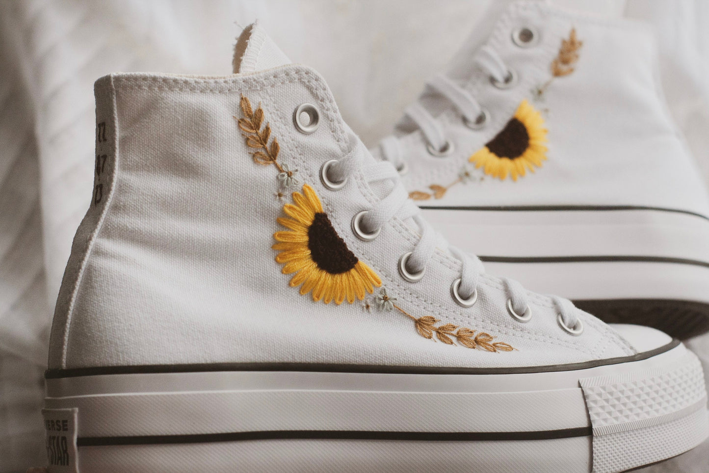 Bespoke Sunflower Hand Embroidered Platform High Top Converse