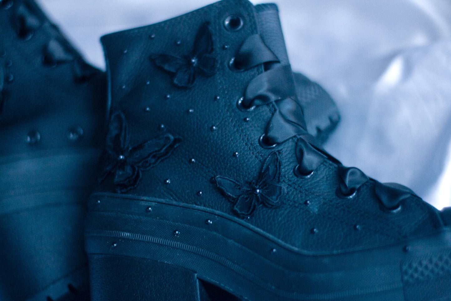 Black Bespoke Butterfly Pearl Embroidered Converse Heels