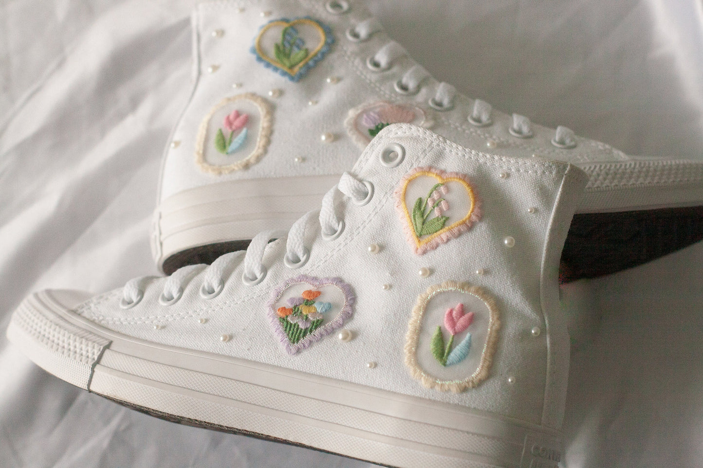 Bespoke Pastel Floral Embroidered Pearl Converse