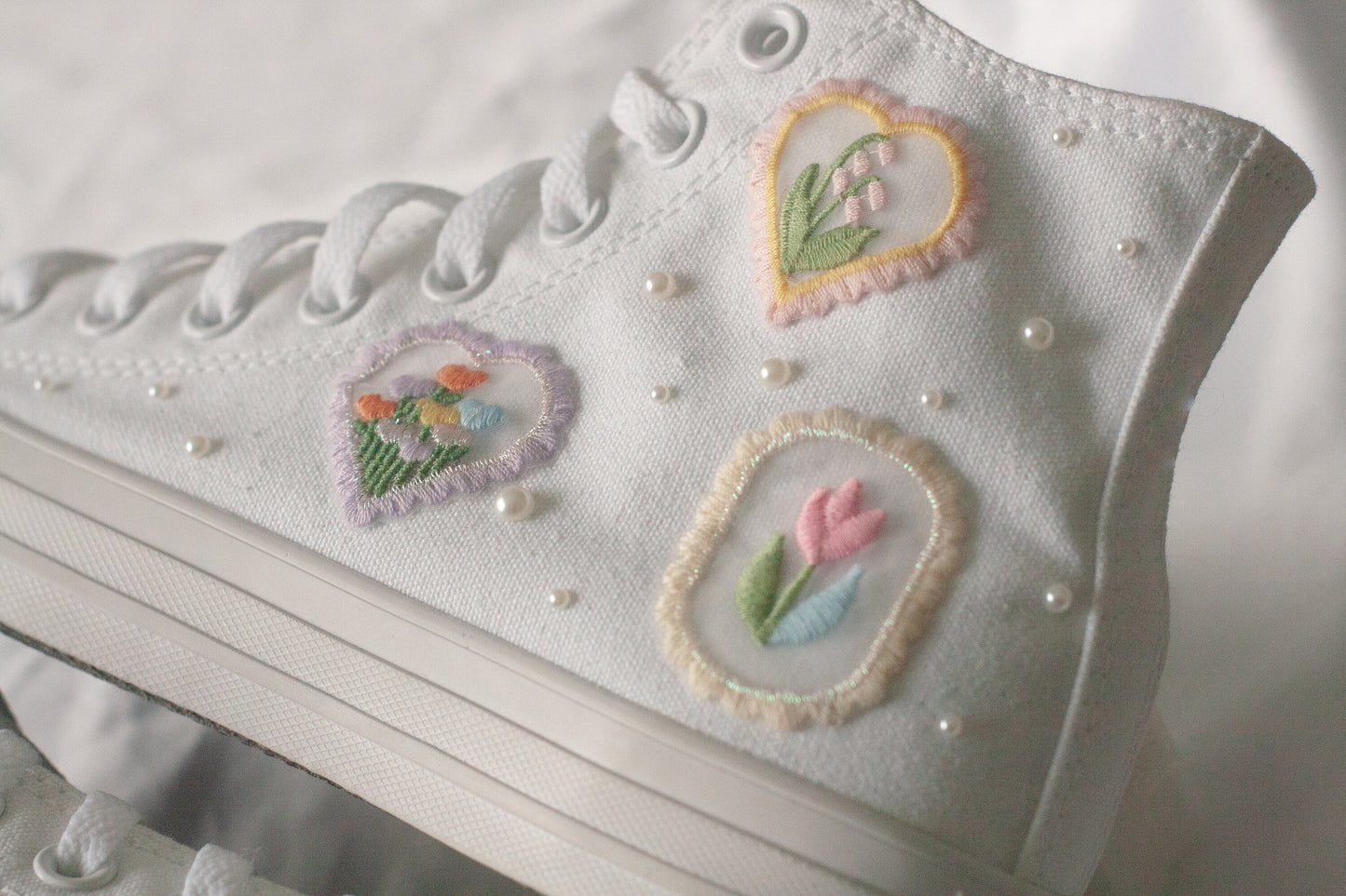 Bespoke Pastel Floral Embroidered Pearl Converse