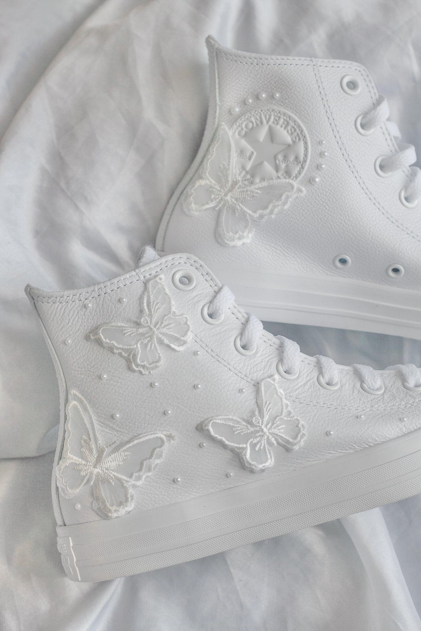 Bespoke Butterfly Pearl Embroidered Leather Bridal Converse