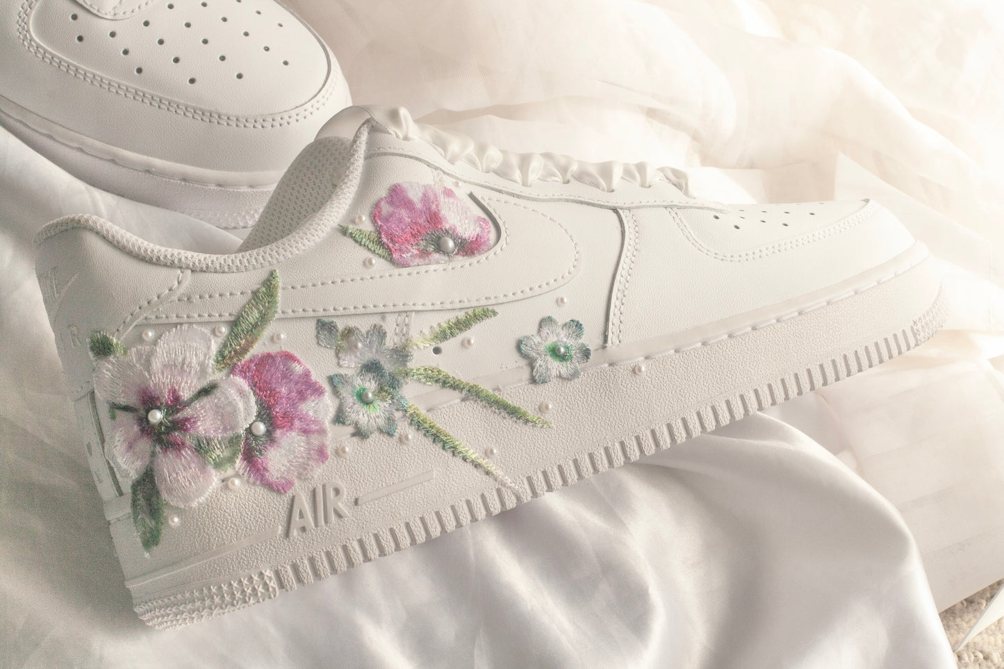 Bespoke Pink and Blue Floral AF1 Bridal Sneakers