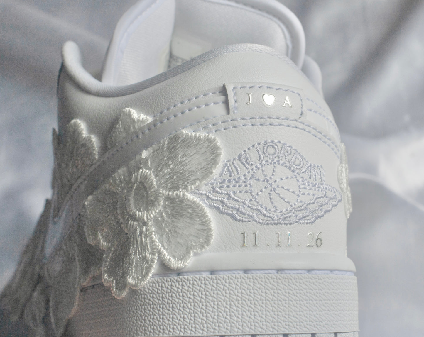 Bespoke White Floral Air Jordan 1 Lows Bridal Sneakers