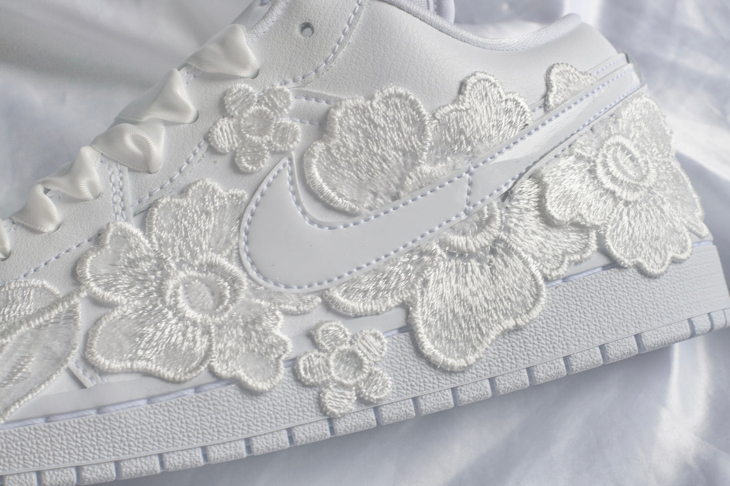 Bespoke White Floral Air Jordan 1 Lows Bridal Sneakers