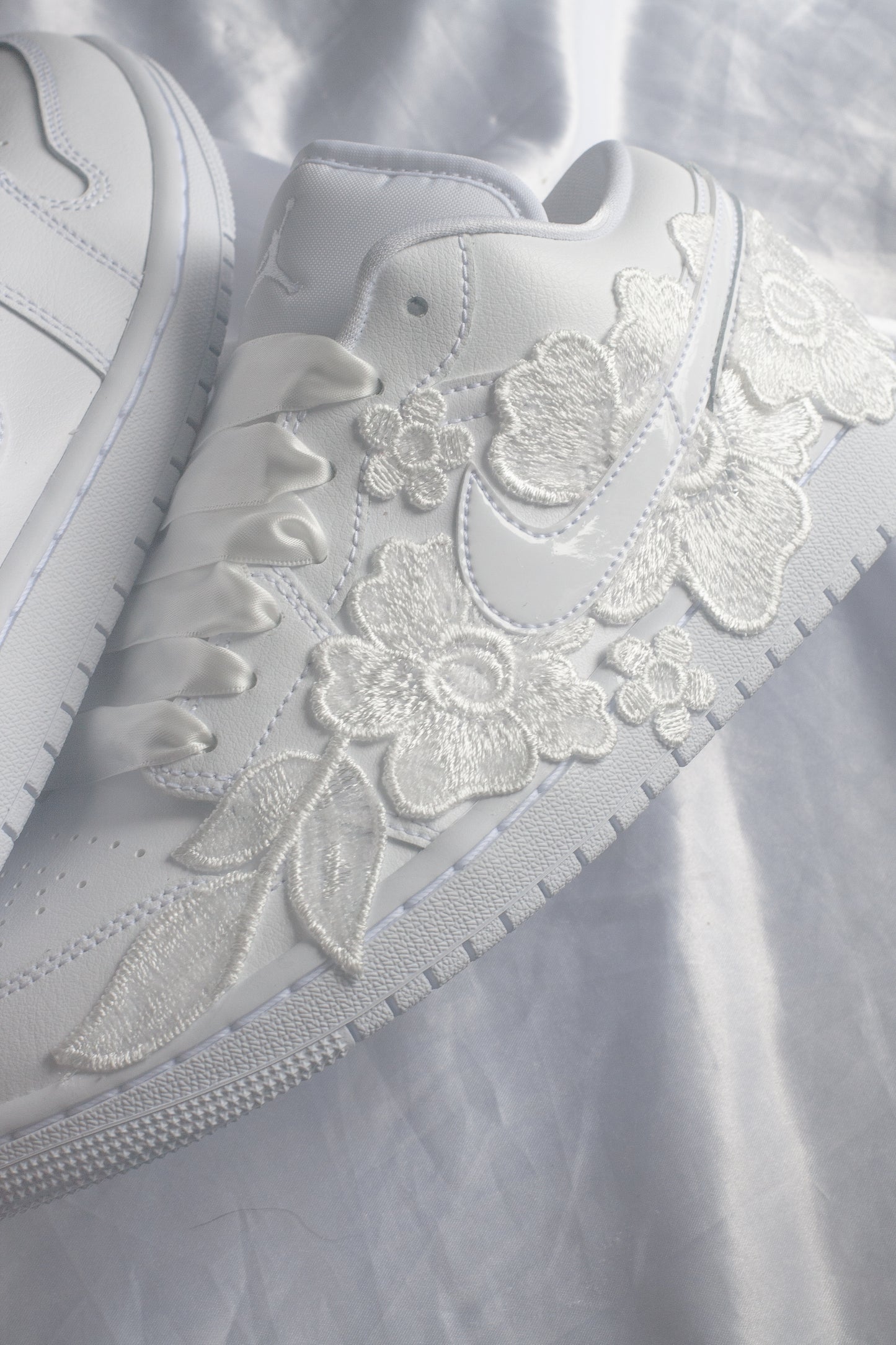 Bespoke White Floral Air Jordan 1 Lows Bridal Sneakers