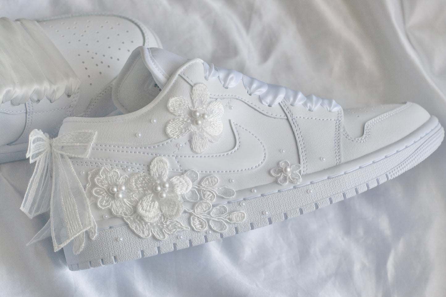 Bespoke White Pearl Air Jordan 1 Lows Bridal Sneakers