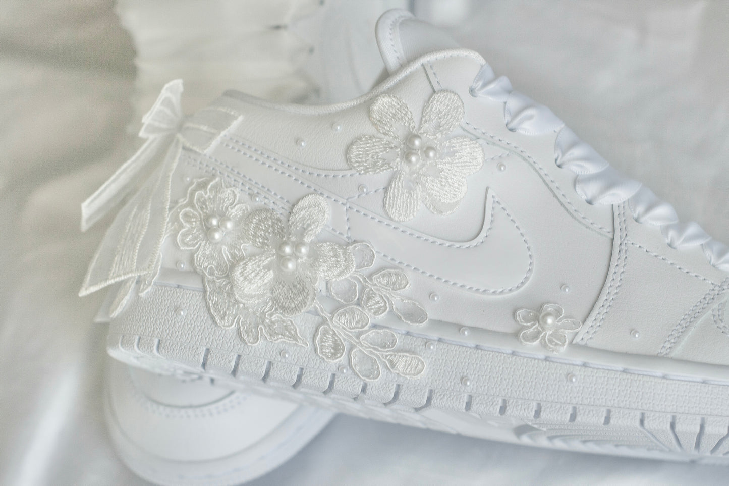 Bespoke White Pearl Air Jordan 1 Lows Bridal Sneakers