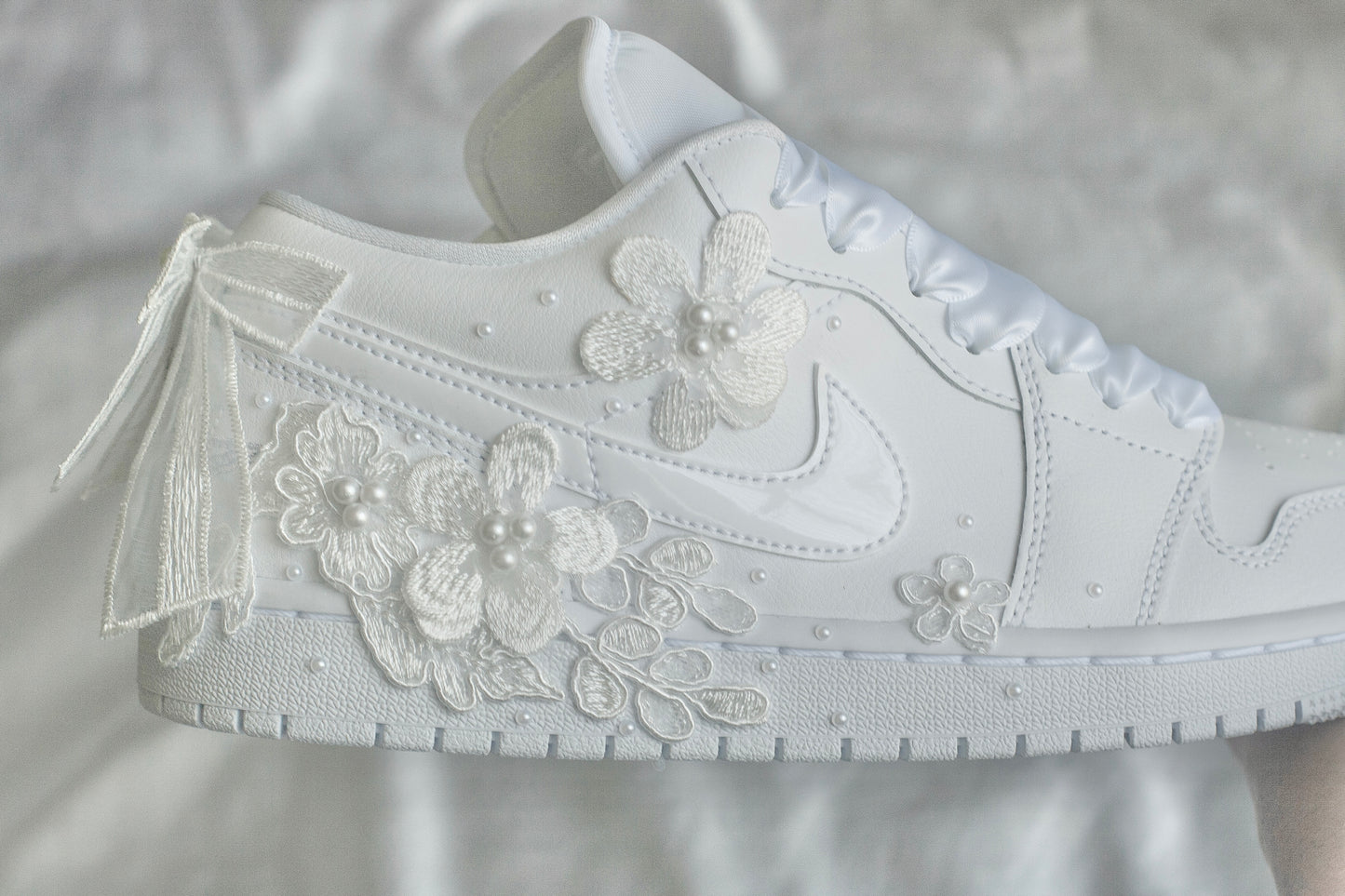 Bespoke White Pearl Air Jordan 1 Lows Bridal Sneakers