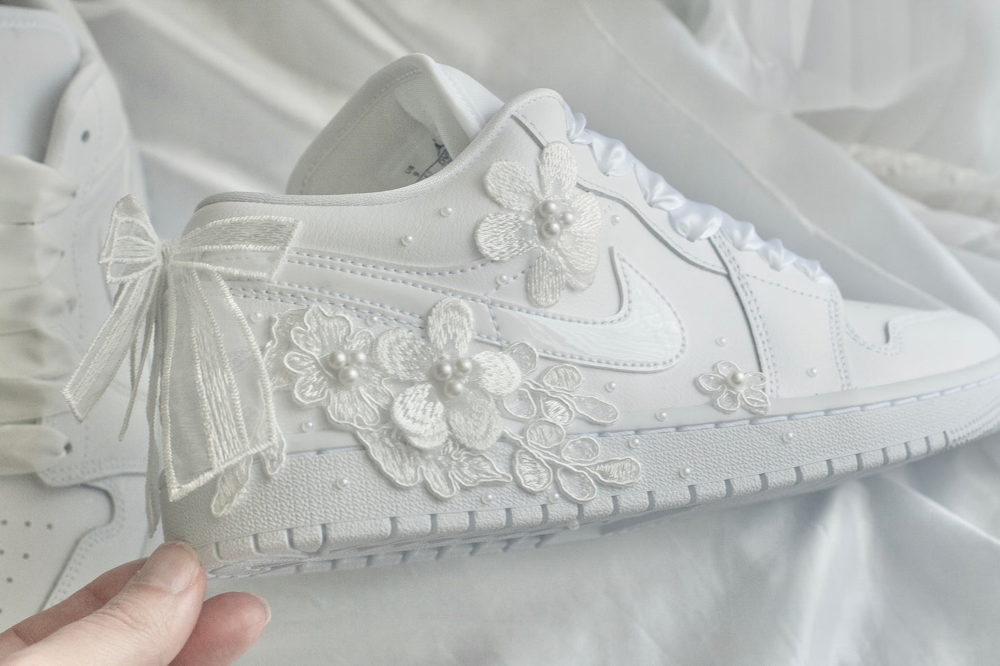 Bespoke White Pearl Air Jordan 1 Lows Bridal Sneakers