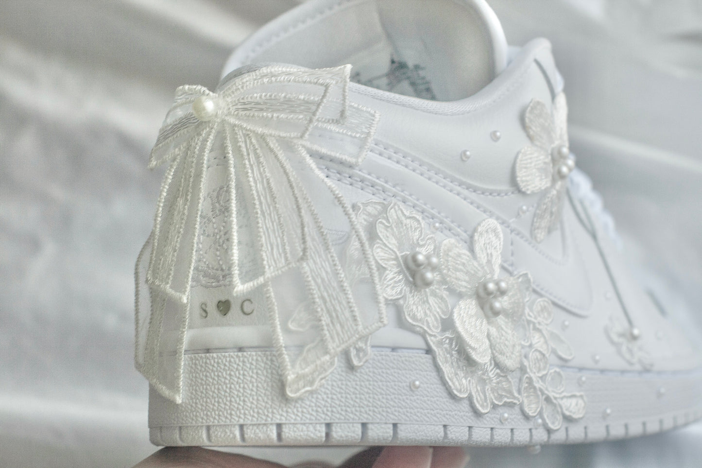 Bespoke White Pearl Air Jordan 1 Lows Bridal Sneakers