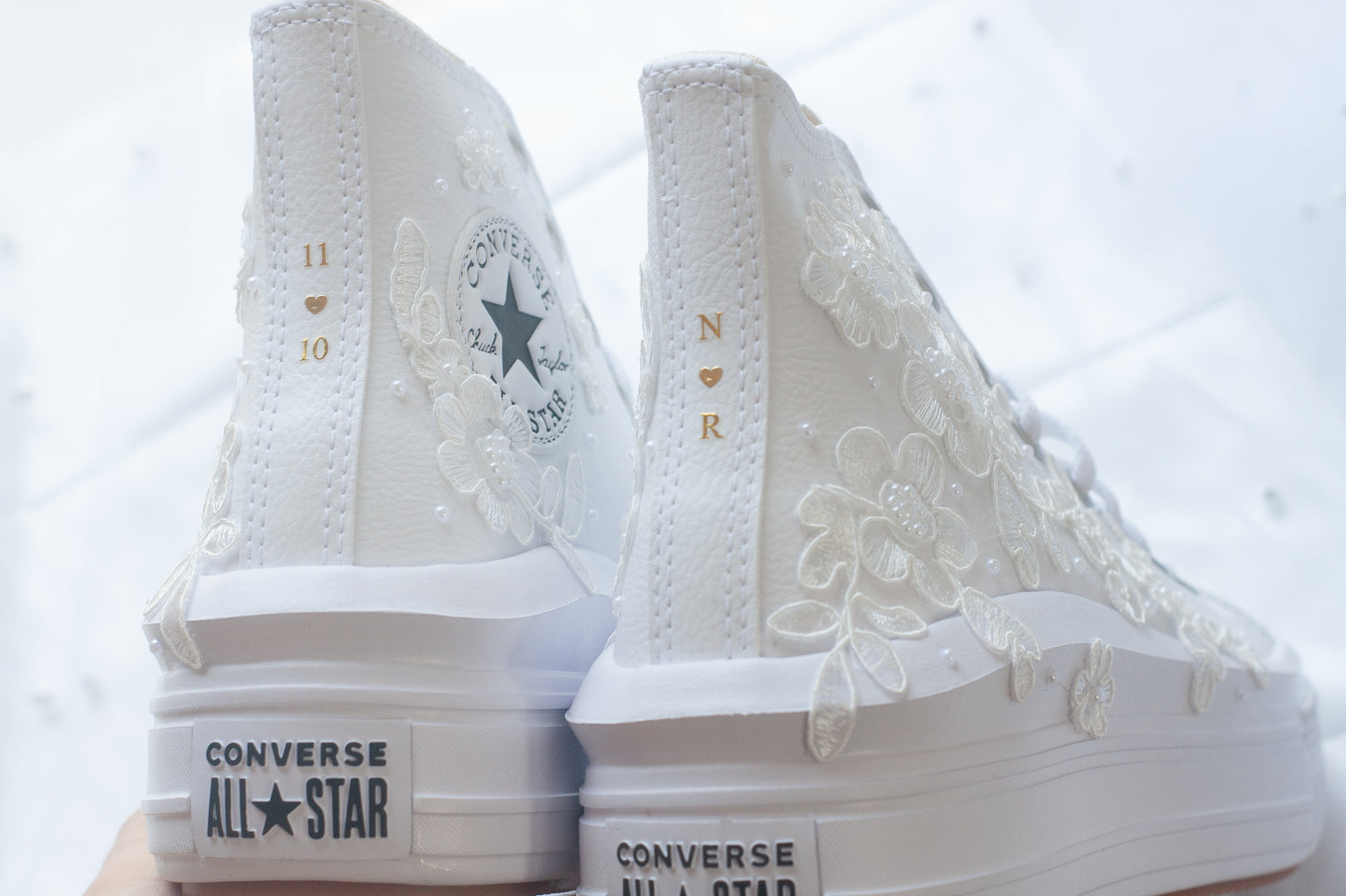 Bespoke White Floral Platform Leather Sneakers