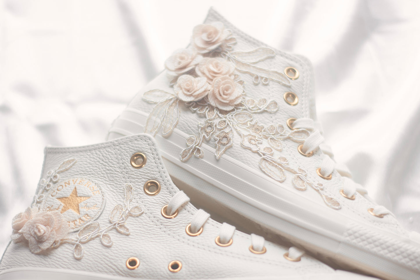 Egret\Rose Gold Embroidered Leather Bridal Sneakers