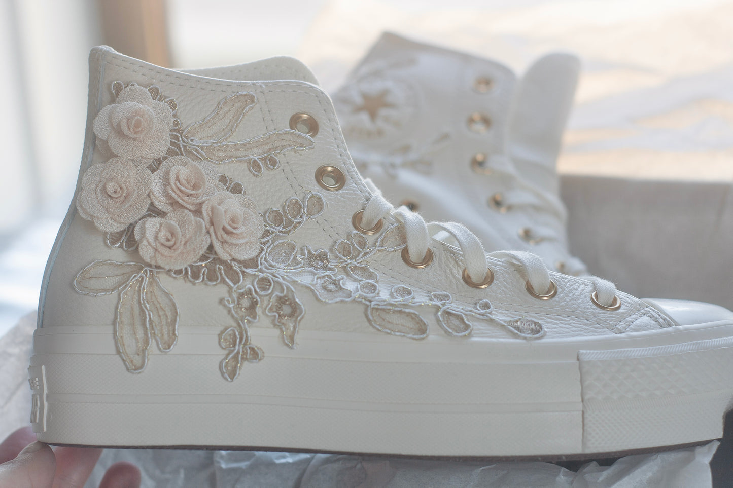 Platform Egret\Rose Gold Embroidered Leather Bridal Sneakers