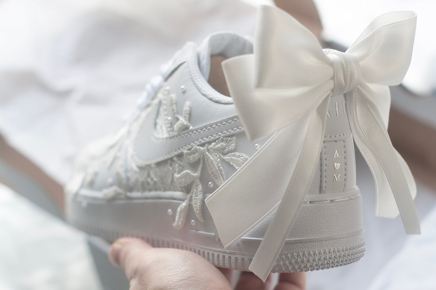 Bespoke Luxury Lace White Bow Embroidered Sneakers