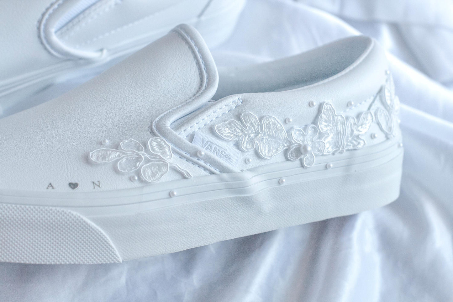Bespoke Floral & Pearl Leather Slip on Vans