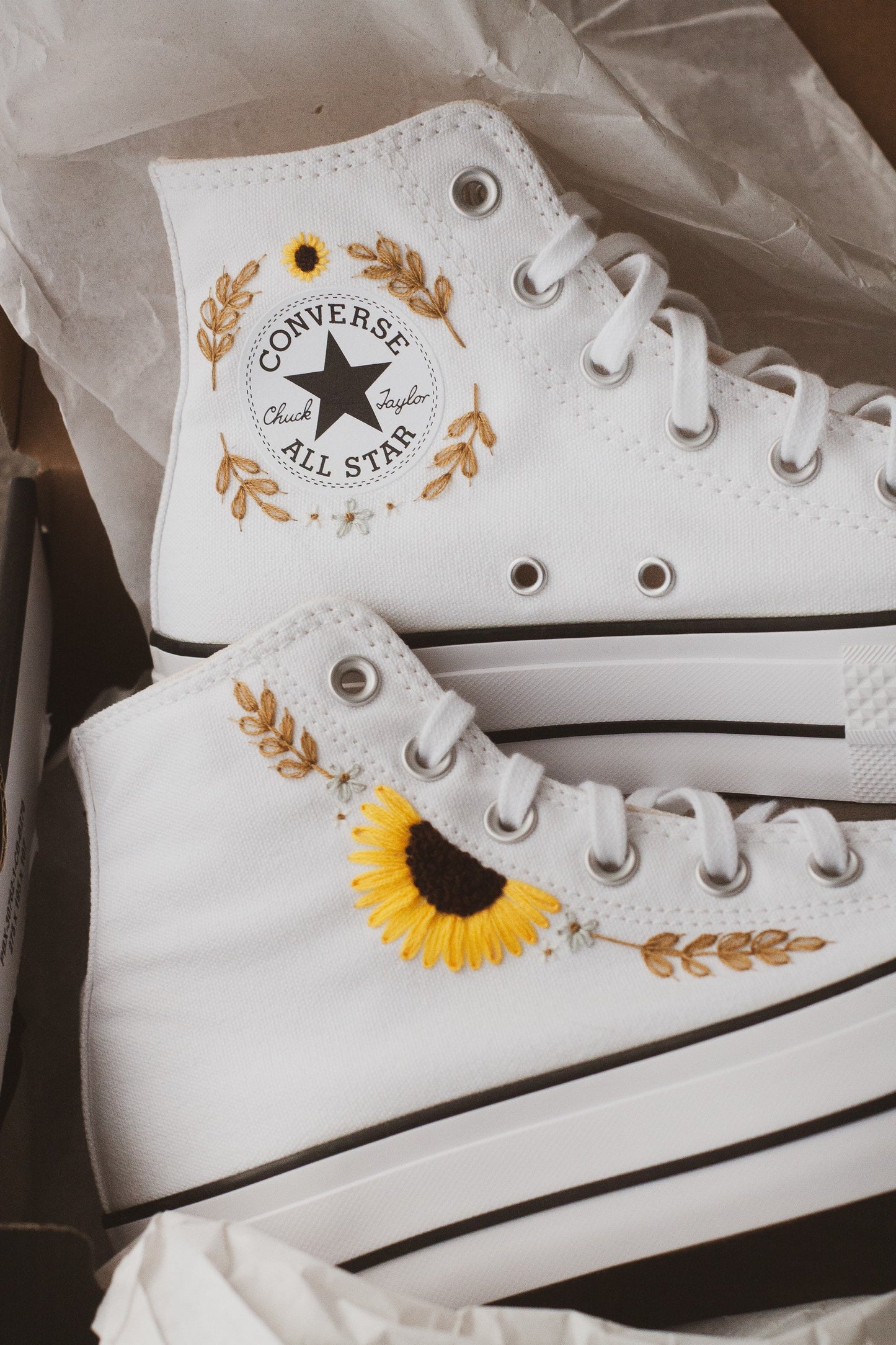 Bespoke Sunflower Hand Embroidered Platform High Top Converse