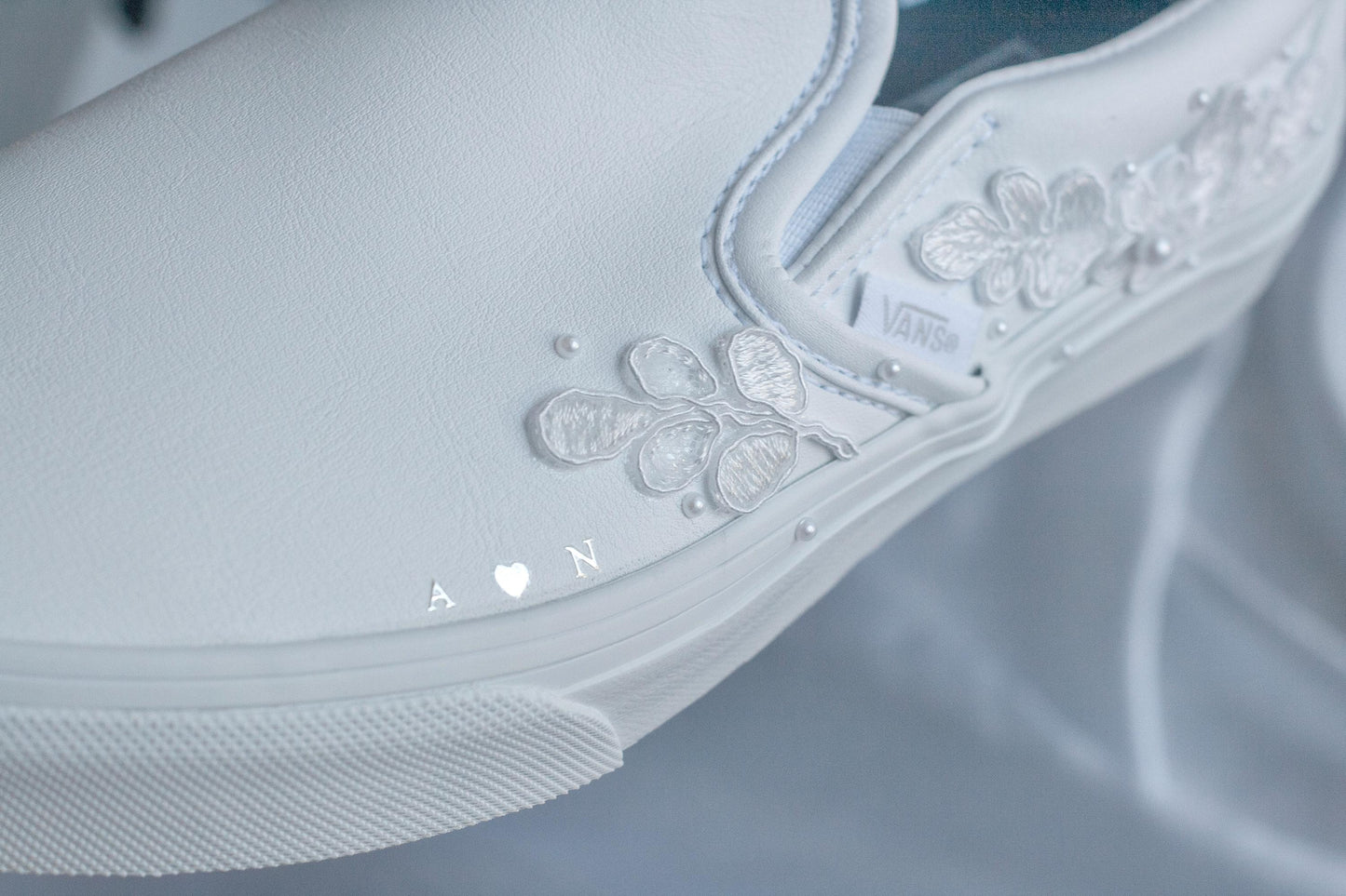 Bespoke Floral & Pearl Leather Slip on Vans