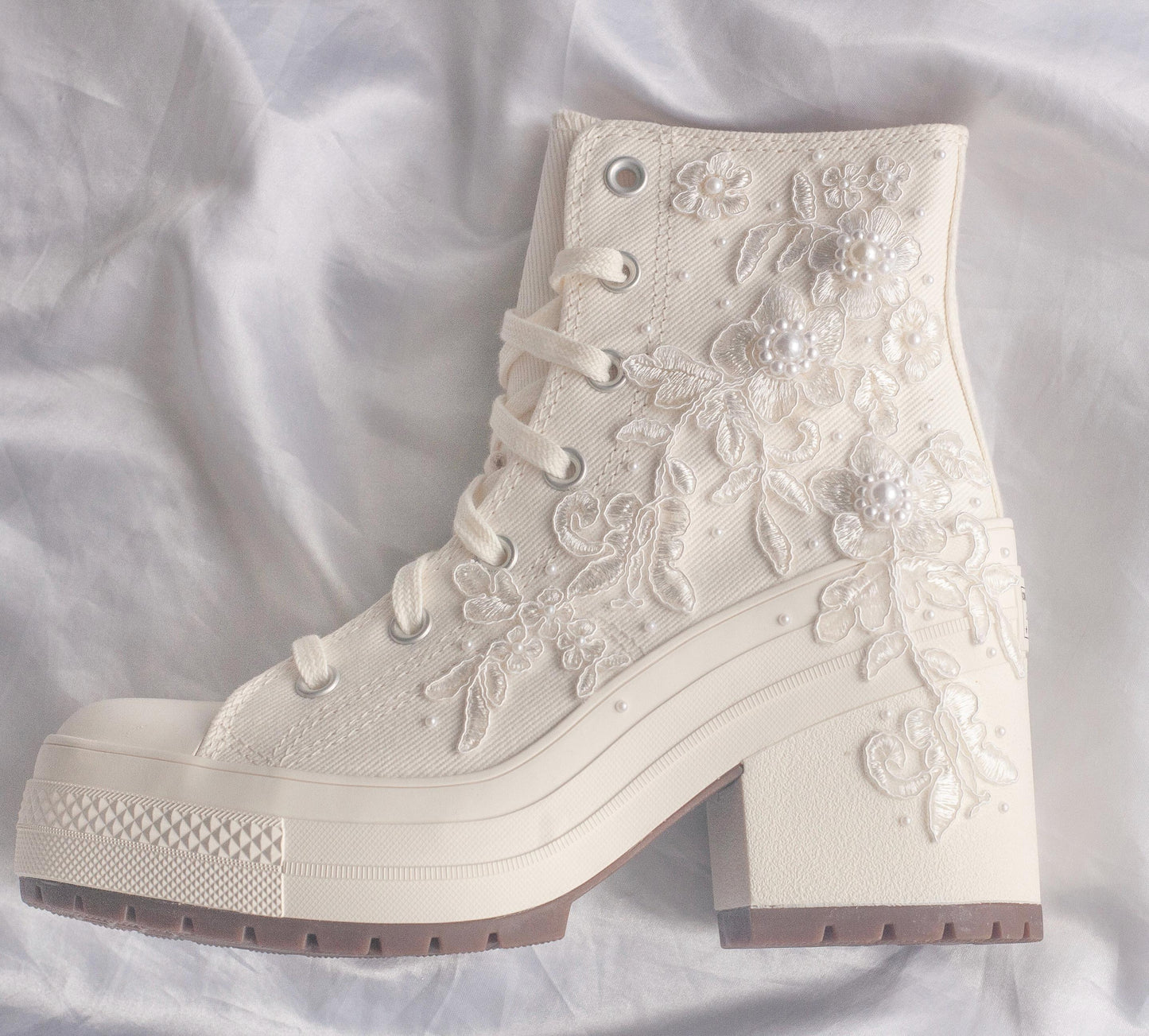 Bespoke White Lace Embroidered Bridal Converse Heels
