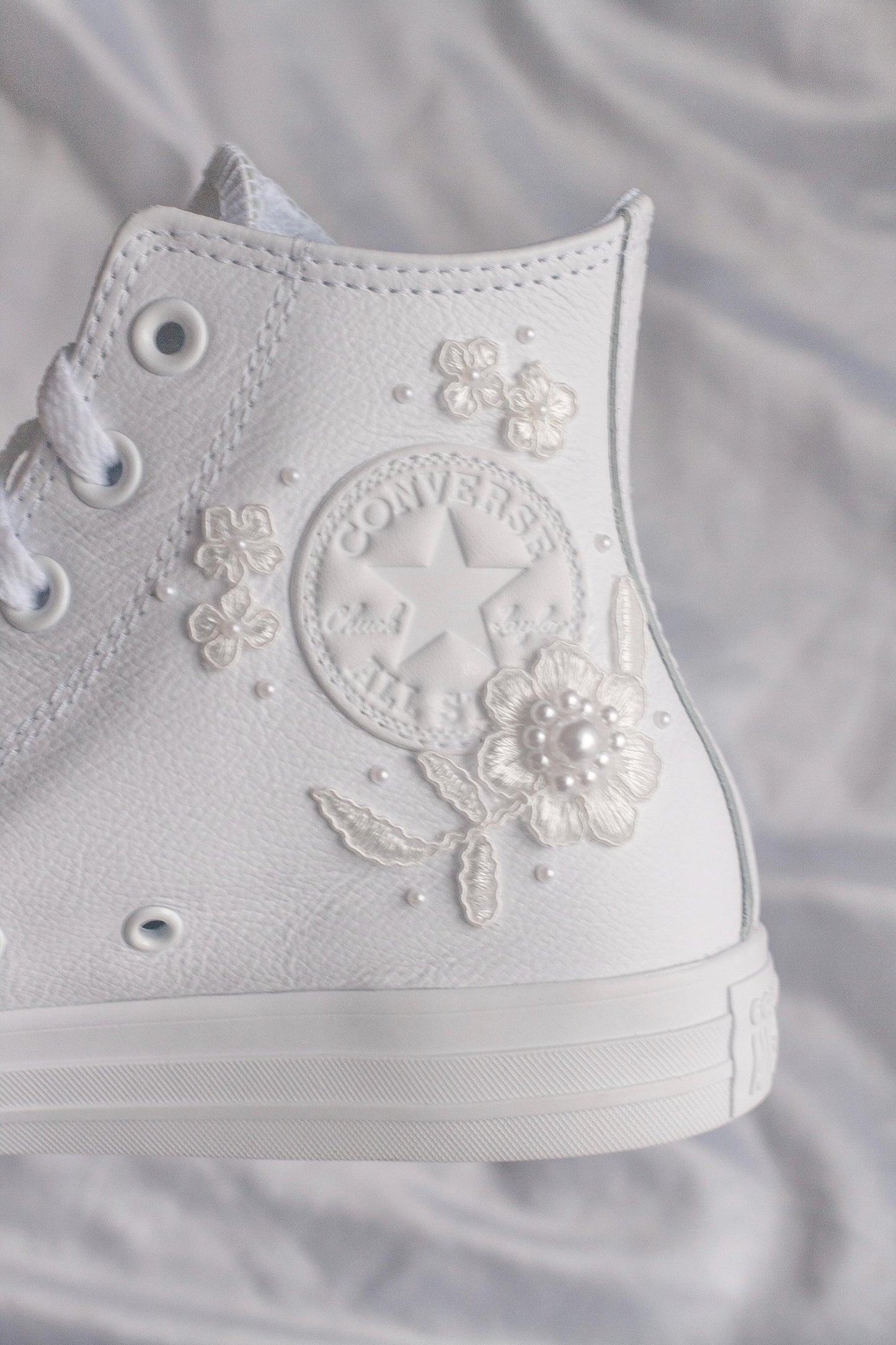 Bespoke White Lace Luxury Embroidered Bridal Leather Converse