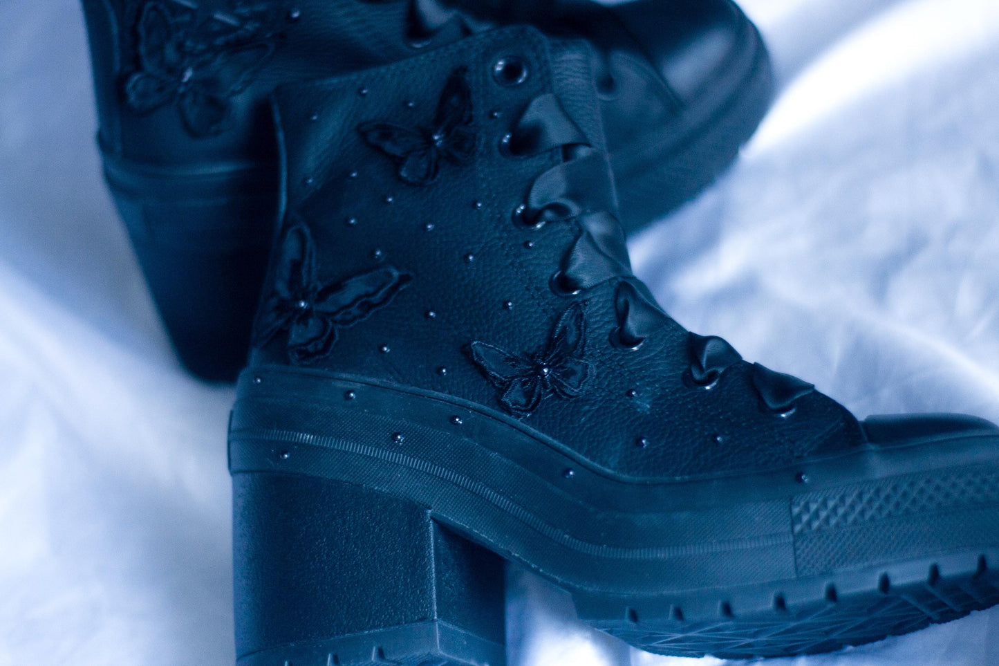 Black Bespoke Butterfly Pearl Embroidered Converse Heels