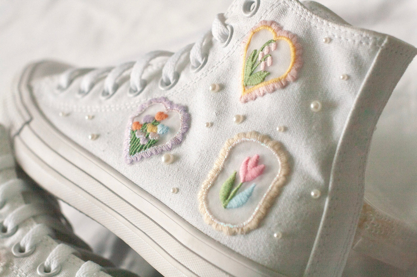 Bespoke Pastel Floral Embroidered Pearl Converse