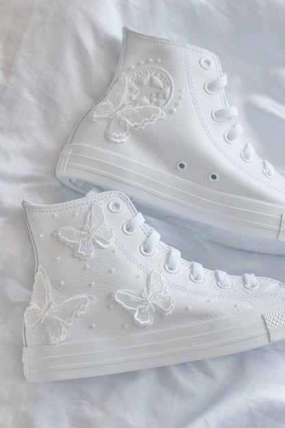 Bespoke Butterfly Pearl Embroidered Leather Bridal Converse