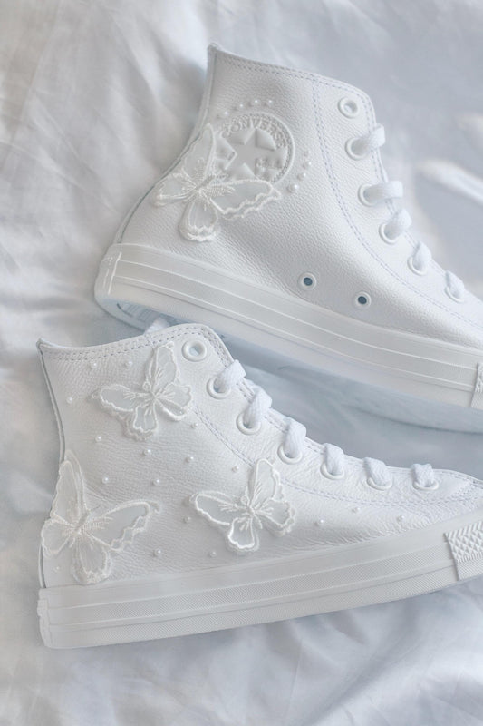 Bespoke Butterfly Pearl Embroidered Leather Bridal Converse