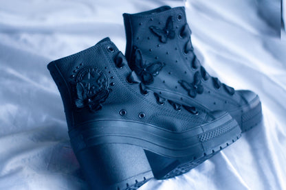 Black Bespoke Butterfly Pearl Embroidered Converse Heels