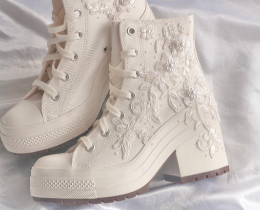 Bespoke White Lace Embroidered Bridal Converse Heels