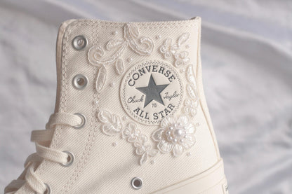 Bespoke White Lace Embroidered Bridal Converse Heels