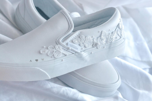 Bespoke Floral & Pearl Leather Slip on Vans