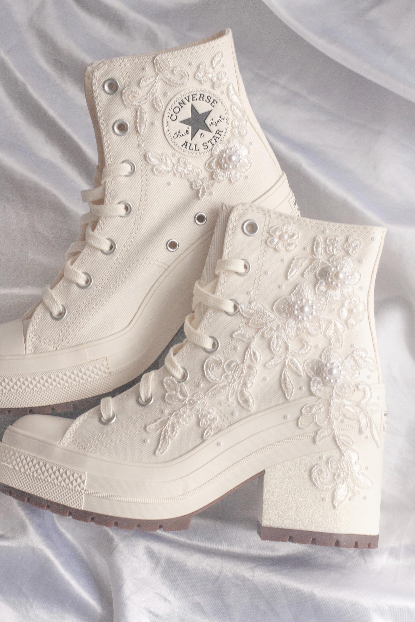 Bespoke White Lace Embroidered Bridal Converse Heels