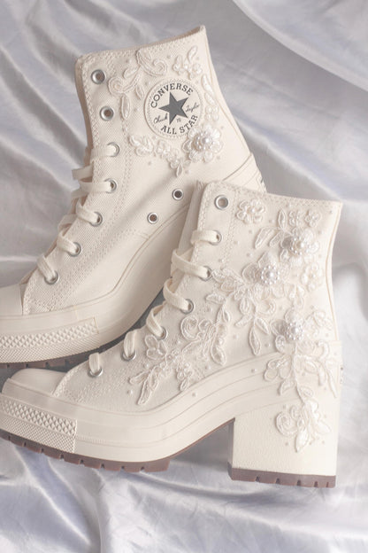 Bespoke White Lace Embroidered Bridal Converse Heels