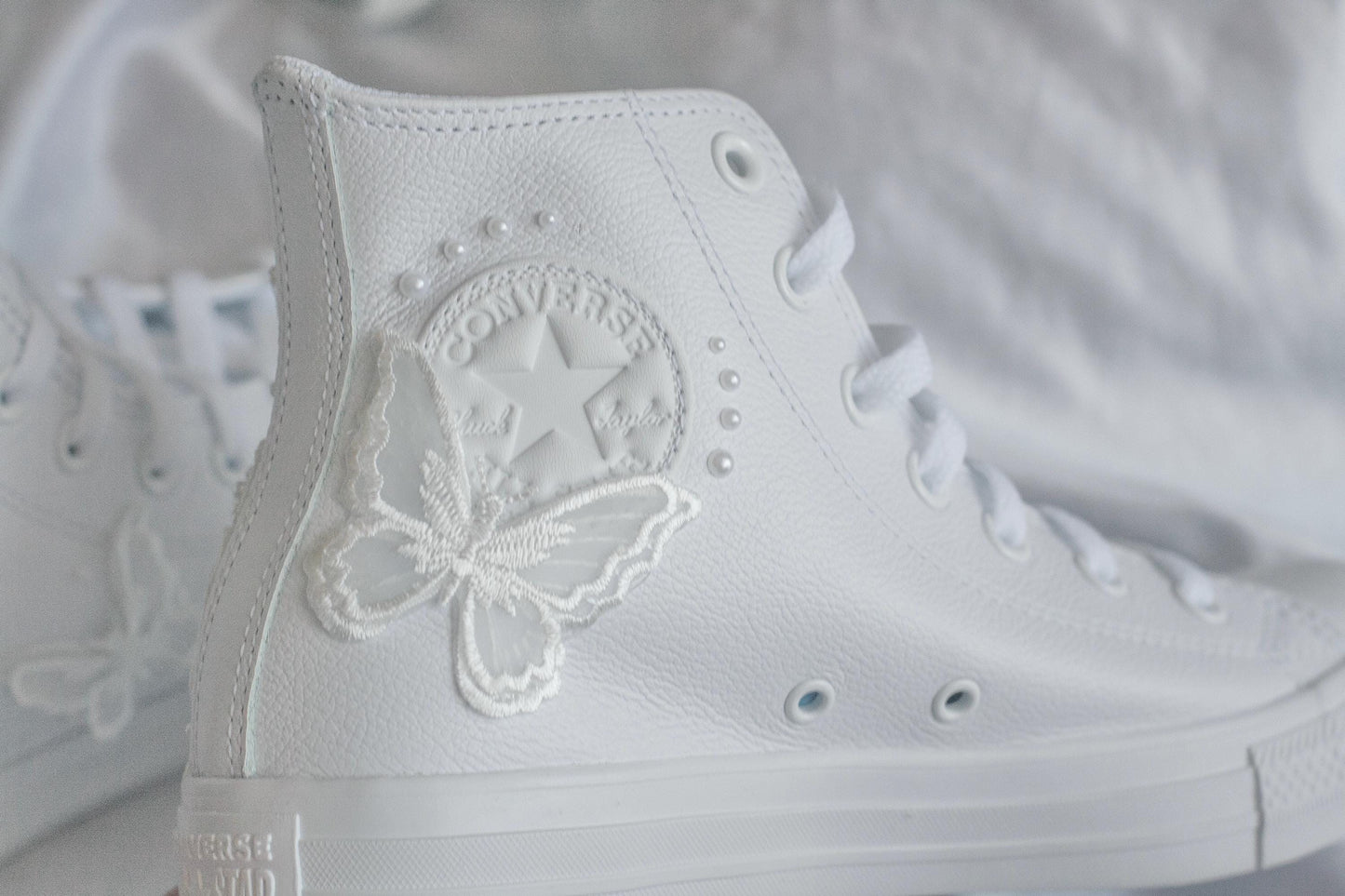 Bespoke Butterfly Pearl Embroidered Leather Bridal Converse