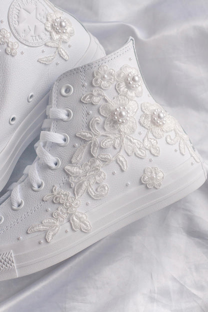 Bespoke White Lace Luxury Embroidered Bridal Leather Converse