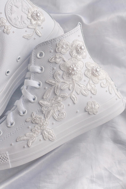 Bespoke White Lace Luxury Embroidered Bridal Leather Converse
