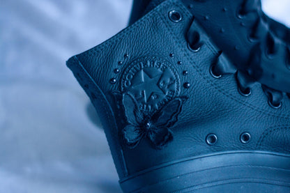 Black Bespoke Butterfly Pearl Embroidered Converse Heels