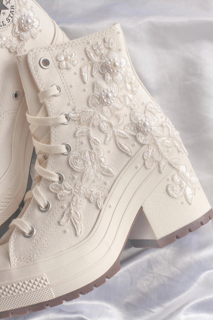 Bespoke White Lace Embroidered Bridal Converse Heels