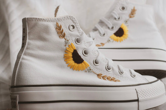 Bespoke Sunflower Hand Embroidered Platform High Top Converse