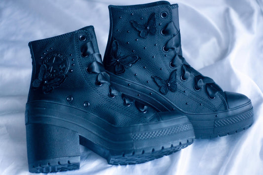 Black Bespoke Butterfly Pearl Embroidered Converse Heels