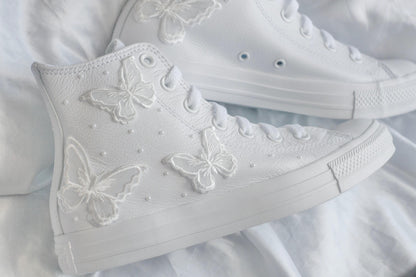 Bespoke Butterfly Pearl Embroidered Leather Bridal Converse