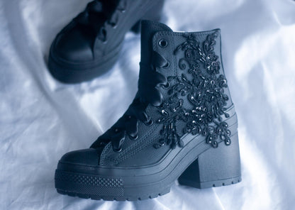 Bespoke Black Lace Embroidered Converse Heels